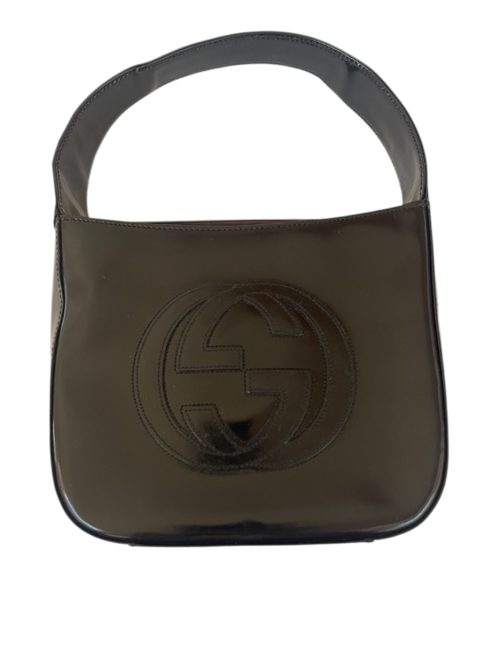 Vintage Gucci Mini Black Patent Leather Interlocking Bag with Embossed GG